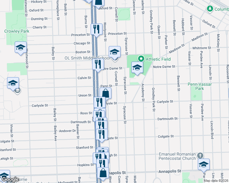 map of restaurants, bars, coffee shops, grocery stores, and more near 3531 Cornell Street in Dearborn