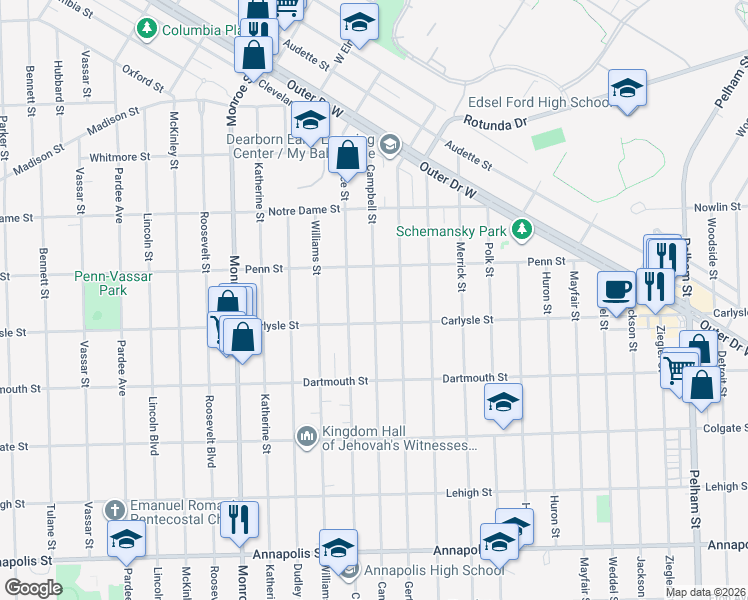 map of restaurants, bars, coffee shops, grocery stores, and more near 3606 Campbell Street in Dearborn