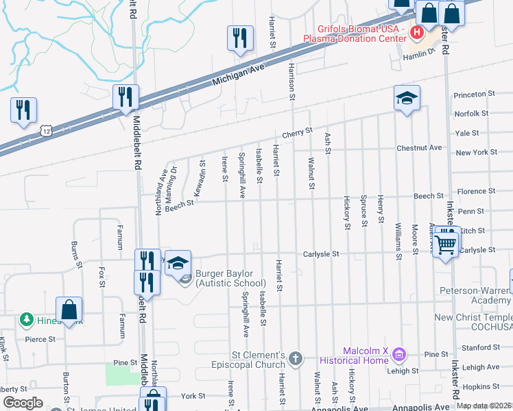 map of restaurants, bars, coffee shops, grocery stores, and more near 3514 Isabelle Street in Inkster