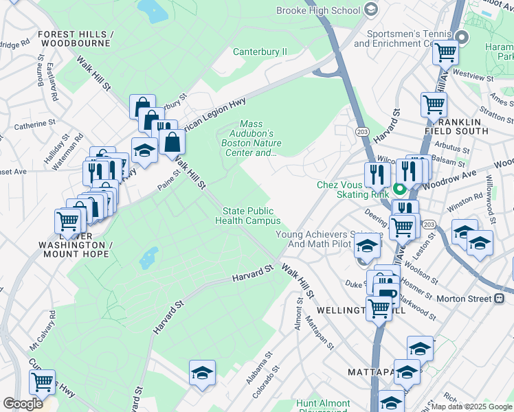 map of restaurants, bars, coffee shops, grocery stores, and more near 460 Walk Hill Street in Boston