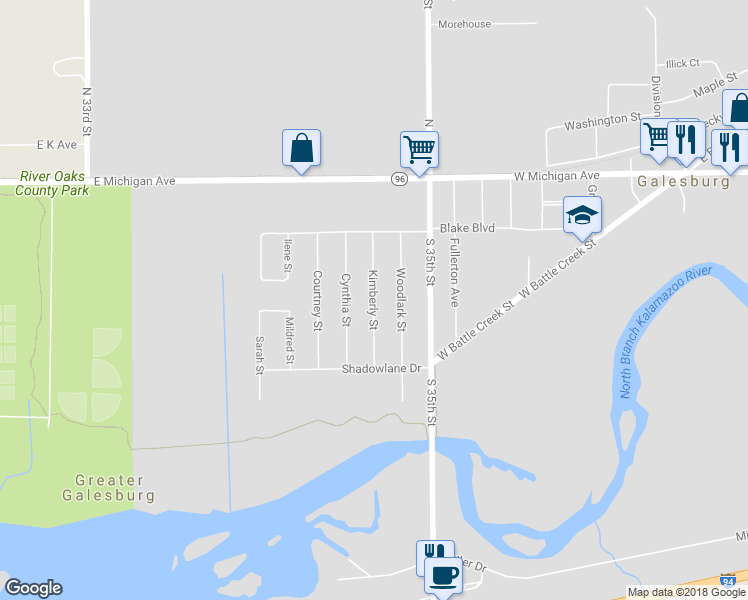 map of restaurants, bars, coffee shops, grocery stores, and more near 453 Kimberly Street in Galesburg