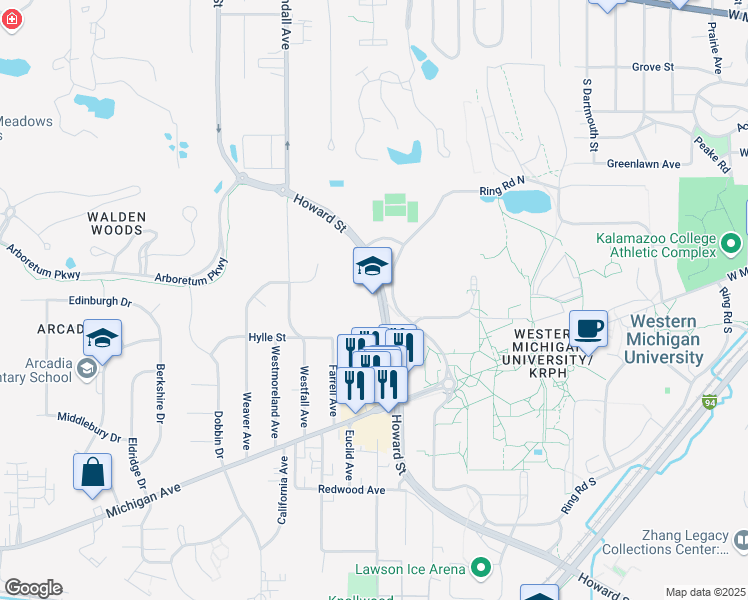 map of restaurants, bars, coffee shops, grocery stores, and more near 710 Howard Street in Kalamazoo