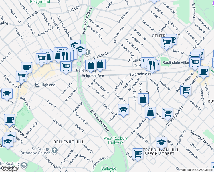 map of restaurants, bars, coffee shops, grocery stores, and more near 59 Bradwood Street in Boston