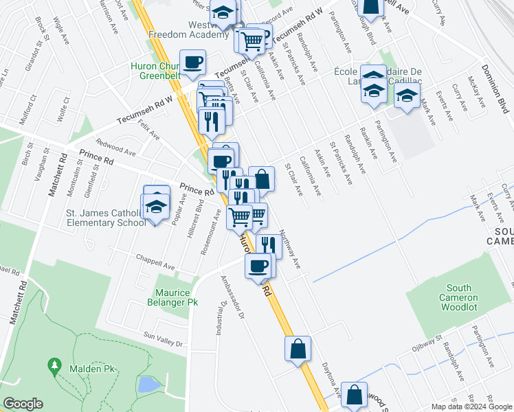 map of restaurants, bars, coffee shops, grocery stores, and more near 1750 Daytona Avenue in Windsor