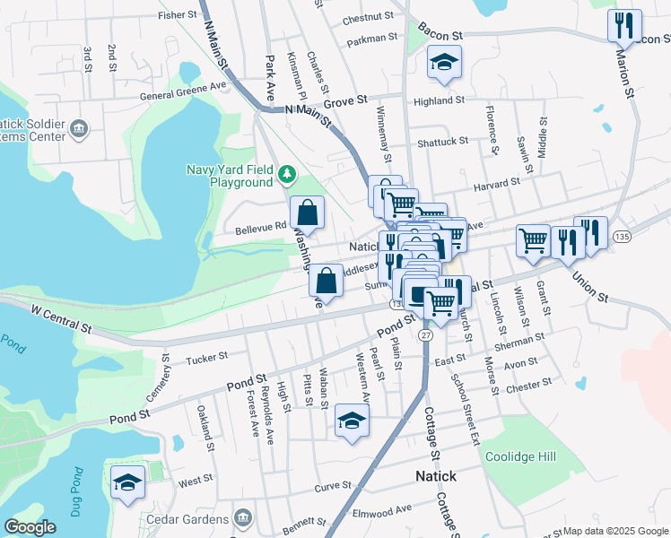 map of restaurants, bars, coffee shops, grocery stores, and more near 75 Middlesex Avenue in Natick