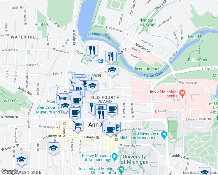 map of restaurants, bars, coffee shops, grocery stores, and more near 511 East Kingsley Street in Ann Arbor