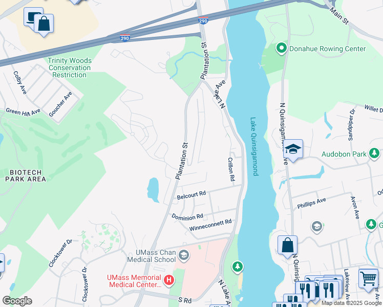map of restaurants, bars, coffee shops, grocery stores, and more near 446 Plantation Street in Worcester