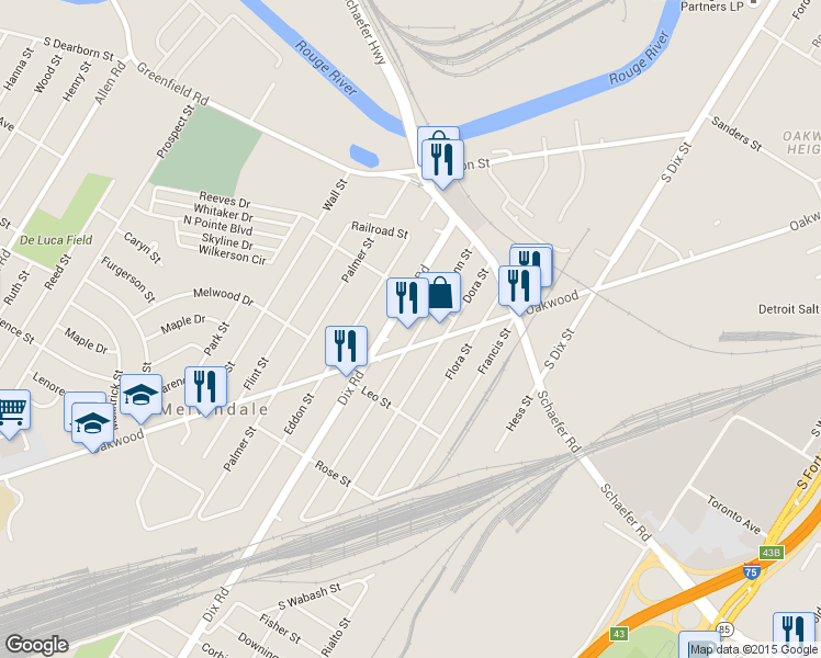 map of restaurants, bars, coffee shops, grocery stores, and more near 17261 Clarann Street in Melvindale