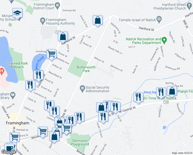 map of restaurants, bars, coffee shops, grocery stores, and more near 93 Bishop Drive in Framingham