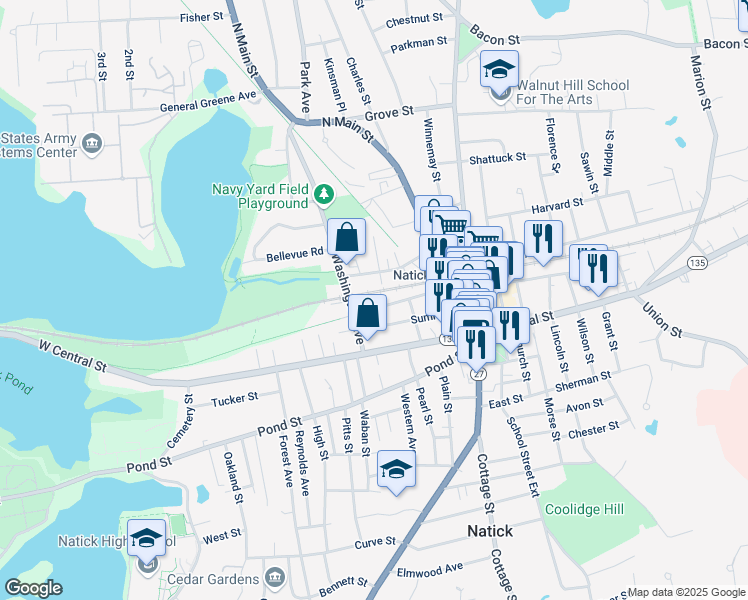 map of restaurants, bars, coffee shops, grocery stores, and more near 75 Middlesex Avenue in Natick