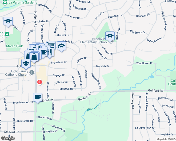 map of restaurants, bars, coffee shops, grocery stores, and more near 1480 Williamsburg Road in Rockford