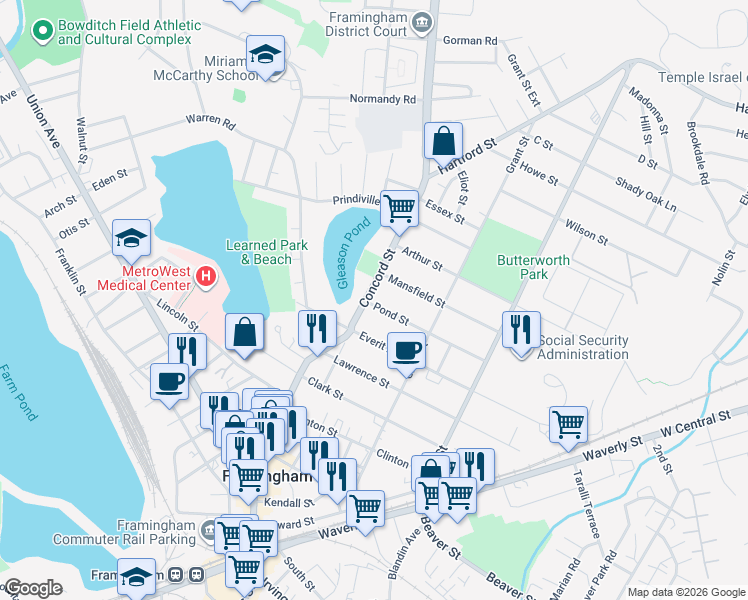 map of restaurants, bars, coffee shops, grocery stores, and more near 360 Massachusetts 126 in Framingham