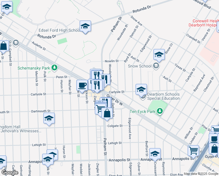 map of restaurants, bars, coffee shops, grocery stores, and more near 19201 Audette Street in Dearborn