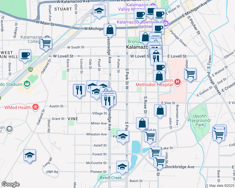 map of restaurants, bars, coffee shops, grocery stores, and more near 429 West Dutton Street in Kalamazoo
