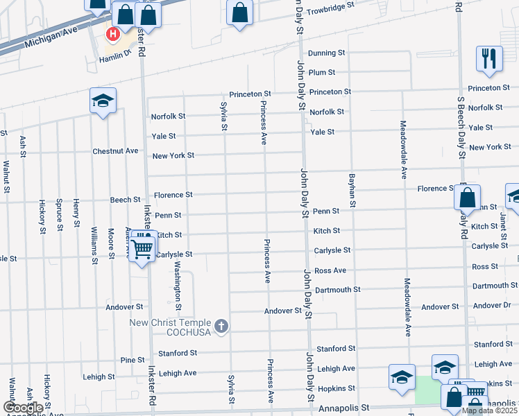 map of restaurants, bars, coffee shops, grocery stores, and more near 26820 Penn Street in Inkster