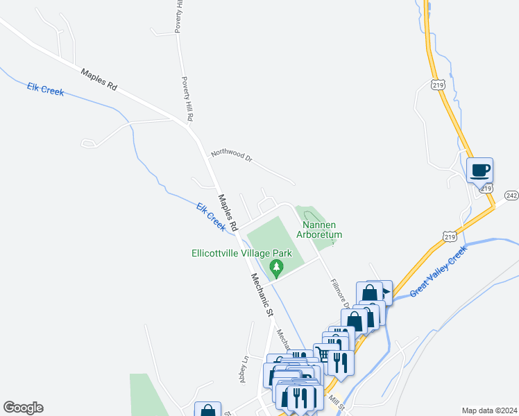 map of restaurants, bars, coffee shops, grocery stores, and more near Tamarack Drive in Cattaraugus County