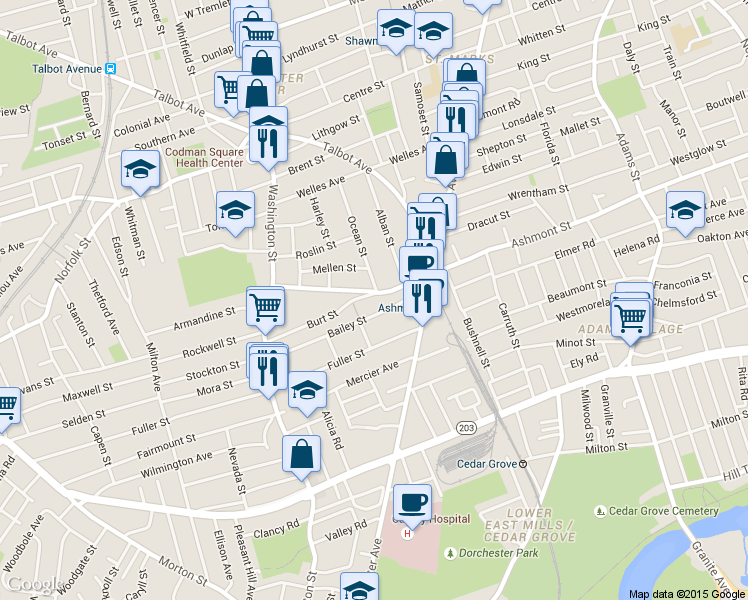 map of restaurants, bars, coffee shops, grocery stores, and more near 2 Burt Street in Boston
