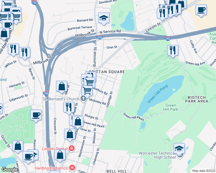 map of restaurants, bars, coffee shops, grocery stores, and more near 9 Rockport Road in Worcester