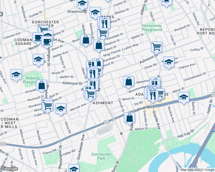 map of restaurants, bars, coffee shops, grocery stores, and more near 17 Rowena Street in Boston