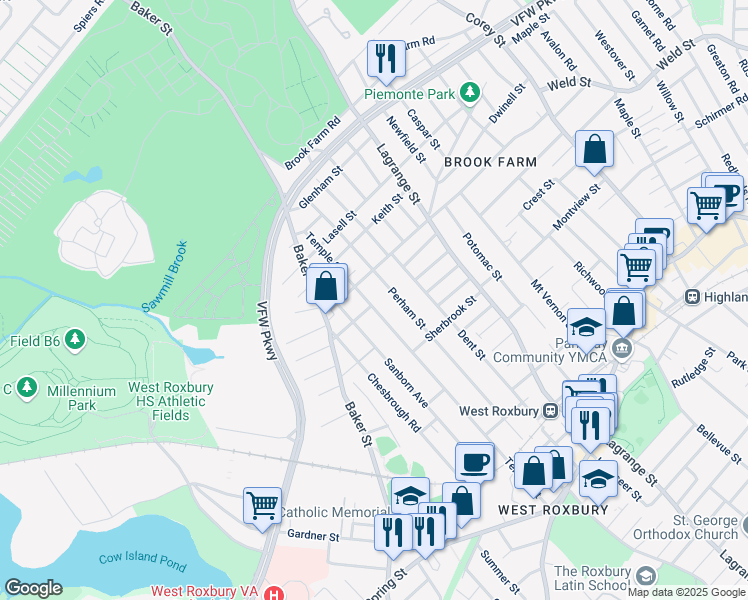 map of restaurants, bars, coffee shops, grocery stores, and more near 257 Temple Street in Boston
