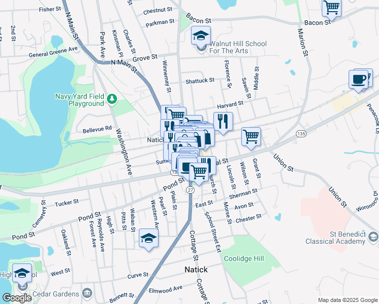 map of restaurants, bars, coffee shops, grocery stores, and more near 24 Massachusetts 27 in Natick