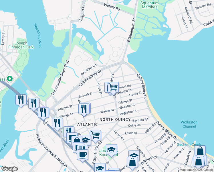 map of restaurants, bars, coffee shops, grocery stores, and more near 292 East Squantum Street in Quincy