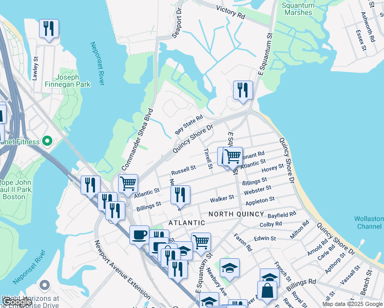 map of restaurants, bars, coffee shops, grocery stores, and more near 70 Carlisle Street in Quincy