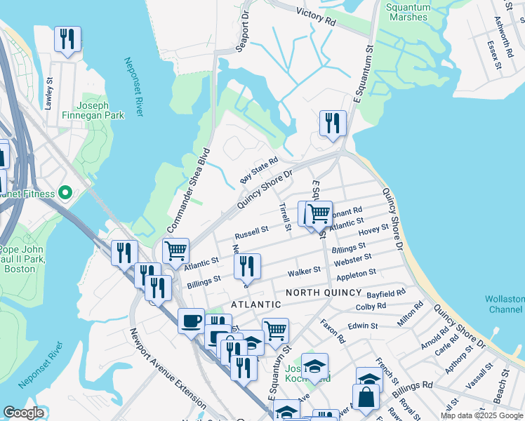 map of restaurants, bars, coffee shops, grocery stores, and more near 70 Carlisle Street in Quincy