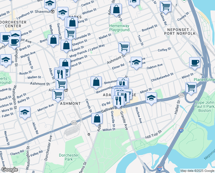 map of restaurants, bars, coffee shops, grocery stores, and more near 61 Beaumont Street in Boston