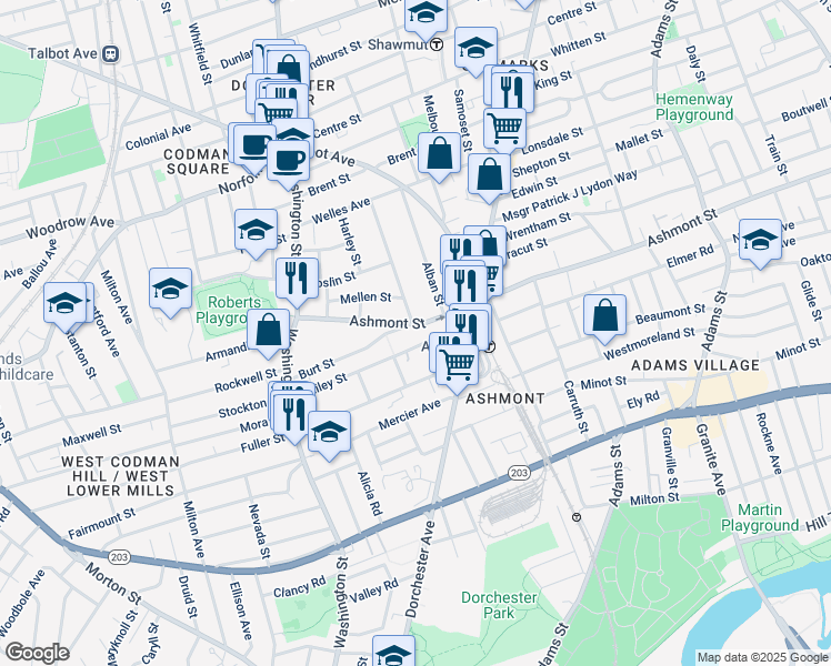 map of restaurants, bars, coffee shops, grocery stores, and more near 2 Burt Street in Boston