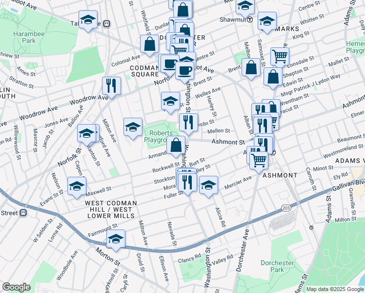 map of restaurants, bars, coffee shops, grocery stores, and more near 757 Washington Street in Boston
