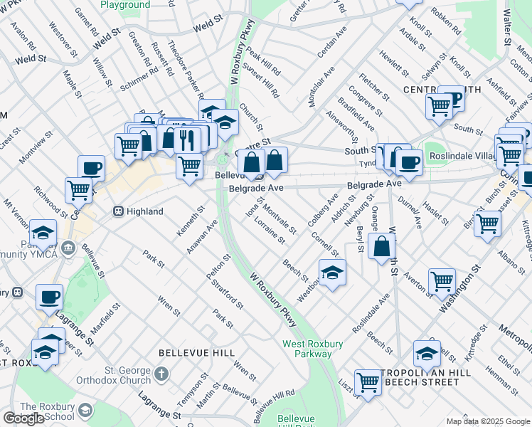 map of restaurants, bars, coffee shops, grocery stores, and more near 33 Montvale Street in Boston