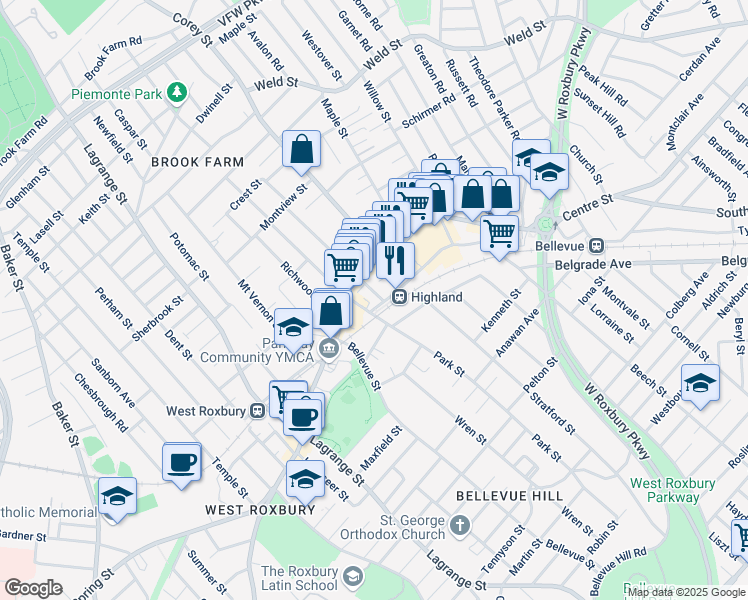 map of restaurants, bars, coffee shops, grocery stores, and more near 16 Hastings Street in Boston