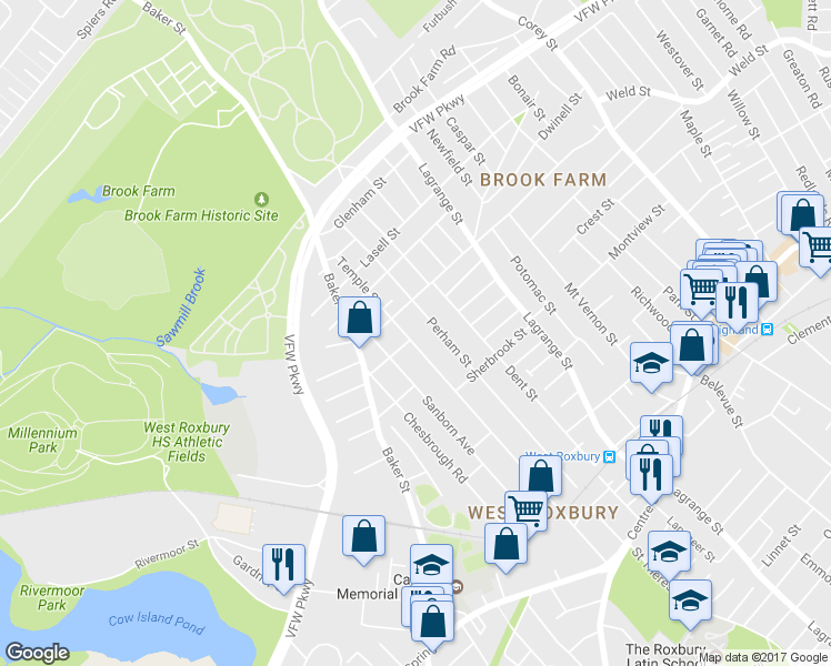 map of restaurants, bars, coffee shops, grocery stores, and more near 257 Temple Street in Boston