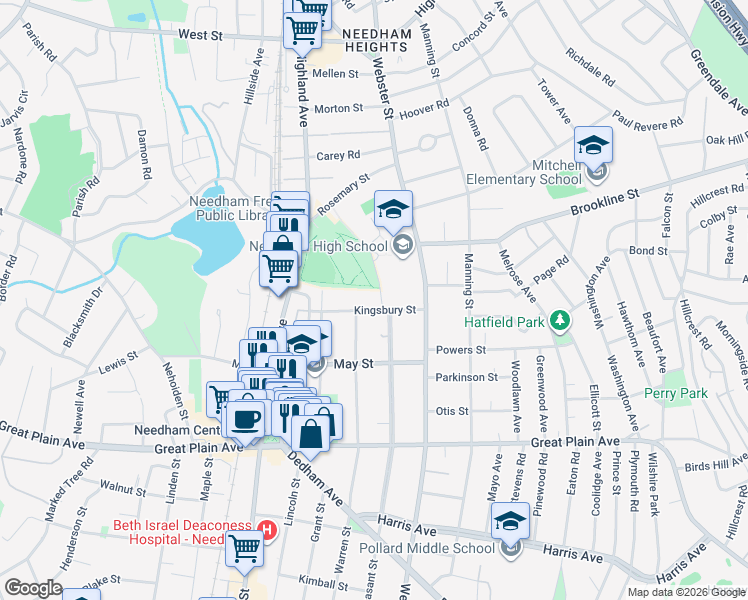map of restaurants, bars, coffee shops, grocery stores, and more near 43 Kingsbury Street in Needham