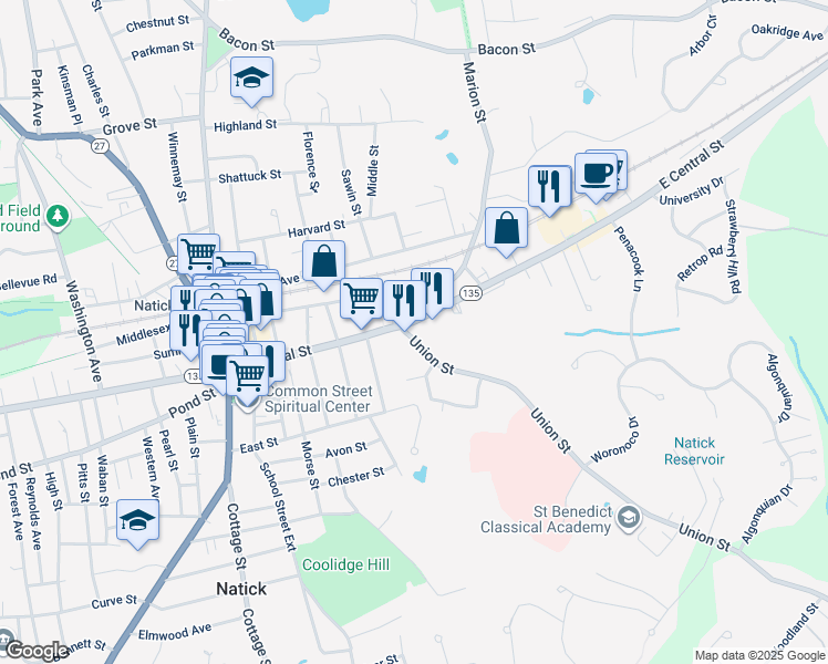 map of restaurants, bars, coffee shops, grocery stores, and more near 69 East Central Street in Natick