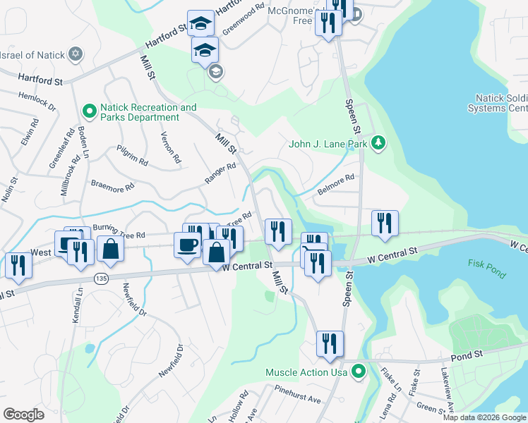 map of restaurants, bars, coffee shops, grocery stores, and more near 10 Westfield Road in Natick