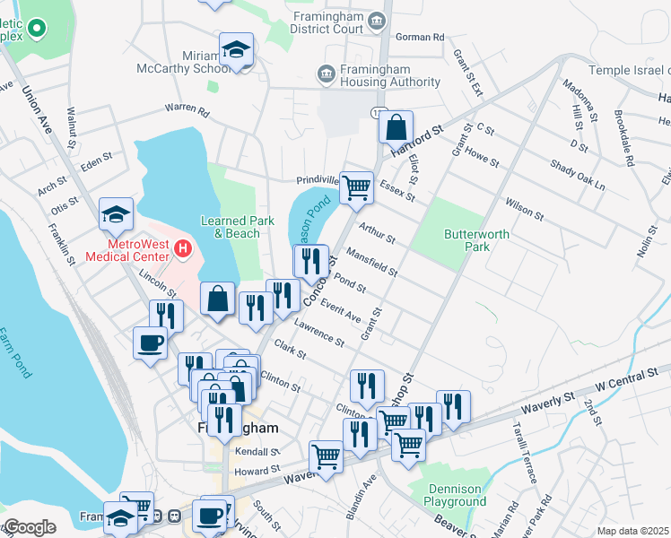map of restaurants, bars, coffee shops, grocery stores, and more near 360 Massachusetts 126 in Framingham