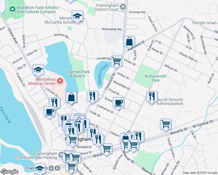 map of restaurants, bars, coffee shops, grocery stores, and more near 360 Massachusetts 126 in Framingham