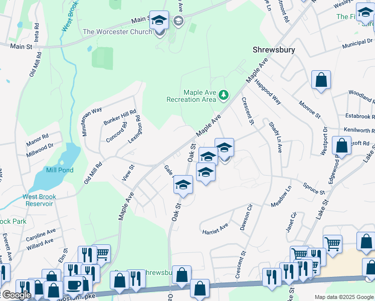 map of restaurants, bars, coffee shops, grocery stores, and more near 207 Maple Avenue in Shrewsbury