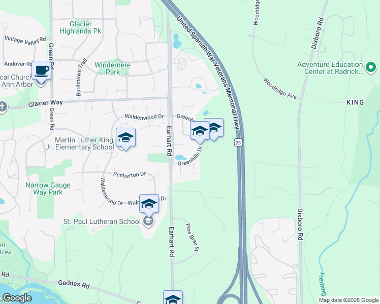 map of restaurants, bars, coffee shops, grocery stores, and more near 819 Greenhills Drive in Ann Arbor