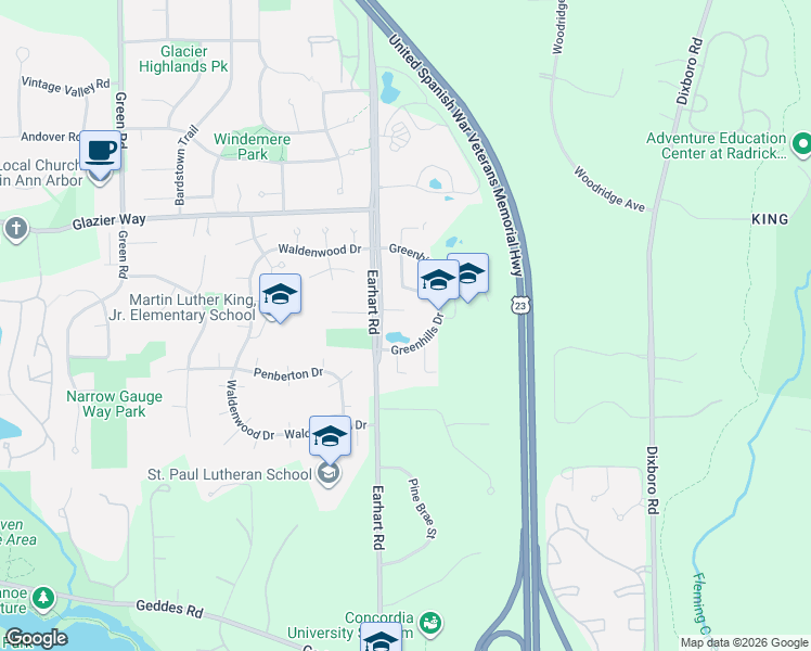 map of restaurants, bars, coffee shops, grocery stores, and more near 819 Greenhills Drive in Ann Arbor