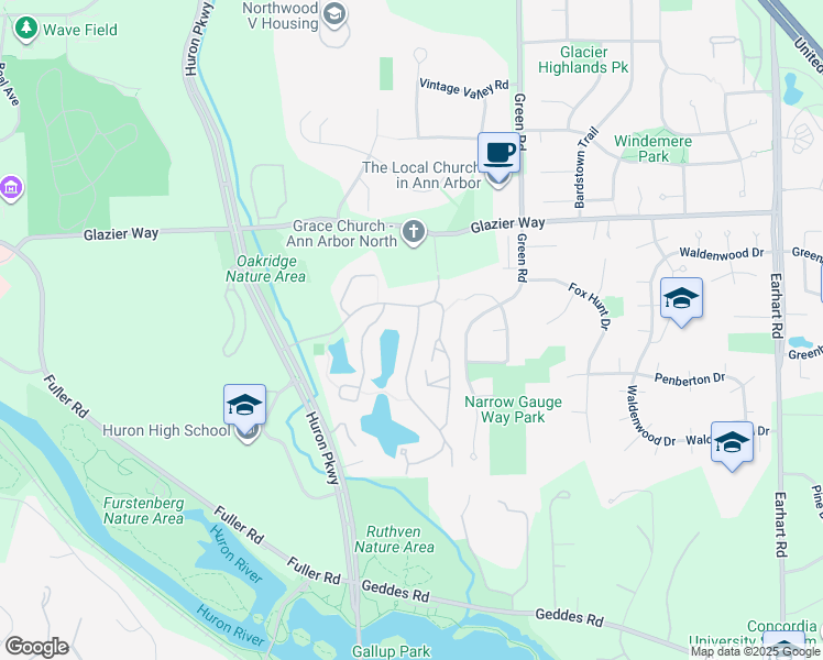 map of restaurants, bars, coffee shops, grocery stores, and more near 789 Watersedge Drive in Ann Arbor