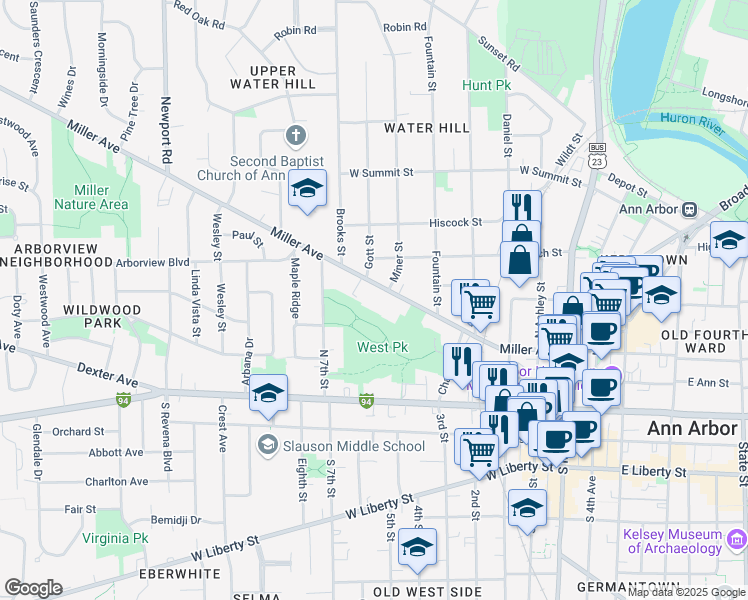map of restaurants, bars, coffee shops, grocery stores, and more near 727 Miller Avenue in Ann Arbor
