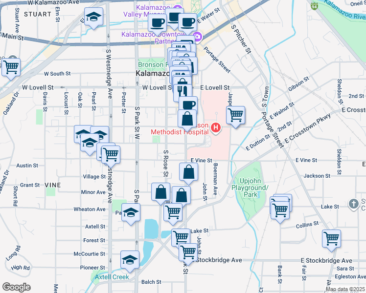 map of restaurants, bars, coffee shops, grocery stores, and more near 130 East Dutton Street in Kalamazoo