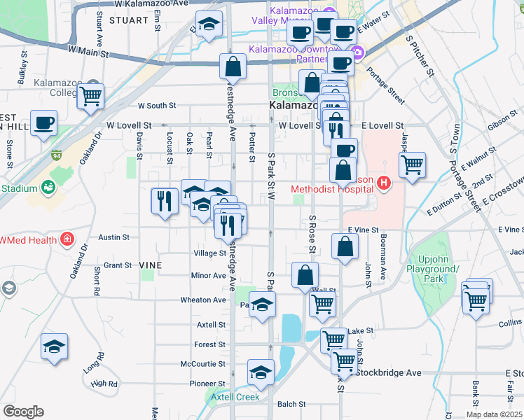map of restaurants, bars, coffee shops, grocery stores, and more near 429 West Dutton Street in Kalamazoo