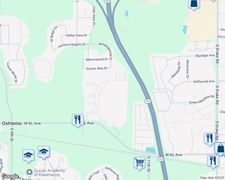 map of restaurants, bars, coffee shops, grocery stores, and more near 5818 West Jefferson Commons Circle in Kalamazoo