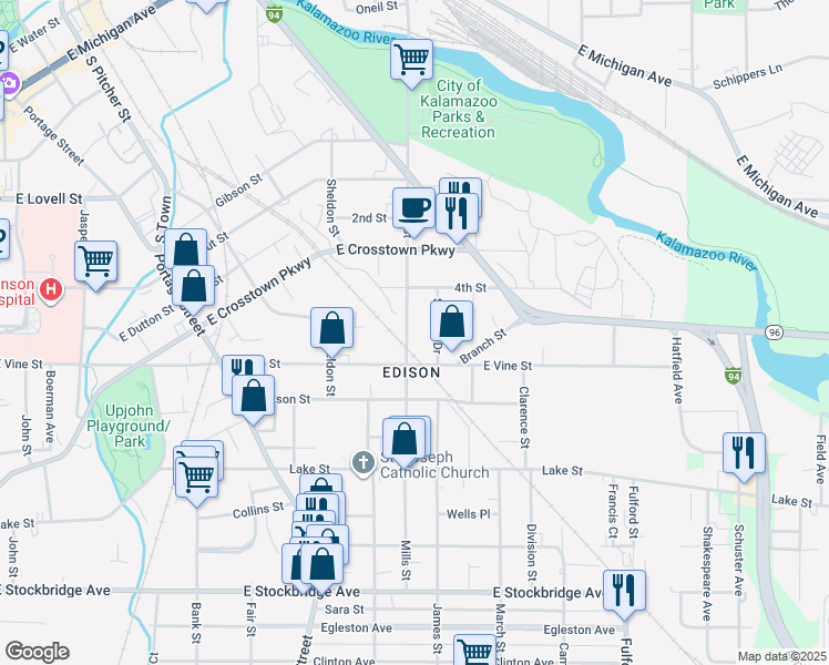 map of restaurants, bars, coffee shops, grocery stores, and more near 739 Mills Street in Kalamazoo