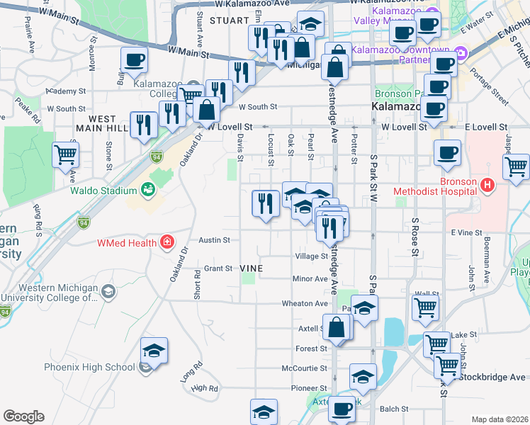 map of restaurants, bars, coffee shops, grocery stores, and more near 816 Duffield Court in Kalamazoo