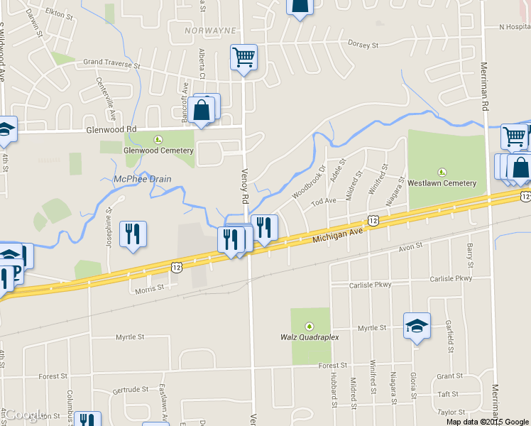 map of restaurants, bars, coffee shops, grocery stores, and more near 32650 Woodbrook Dr in Wayne